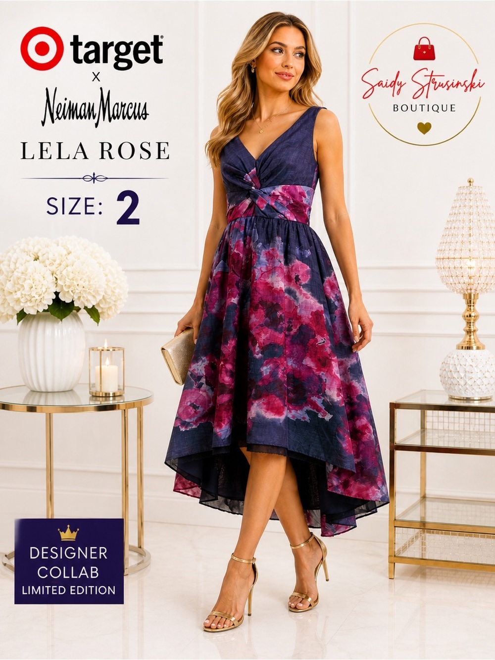 Lela Rose Floral Midi Dress Size 2 Silk Blend feminine Barbiecore